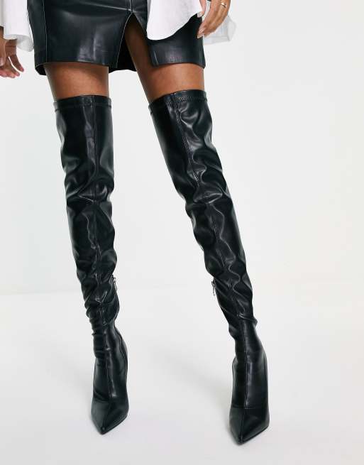 Simmi London stiletto heel thigh high boots in black stretch ASOS