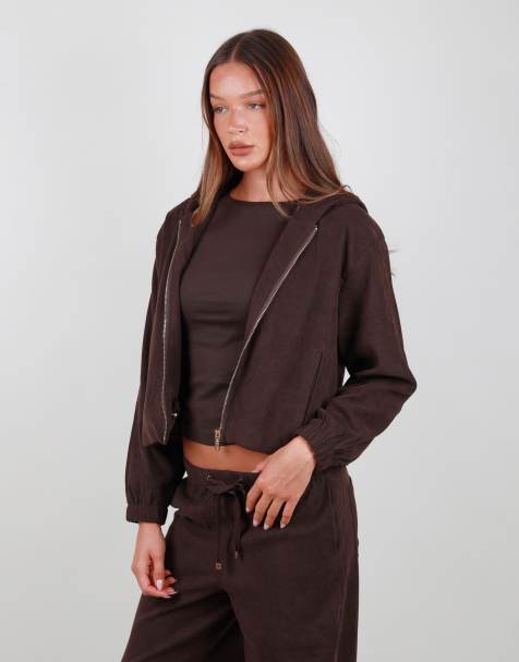 Simmi London Suede zip bomber hoodie in brown - view 1