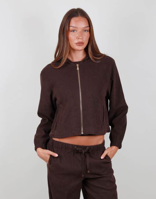 Simmi London Suede zip bomber hoodie in brown, 2 of 4