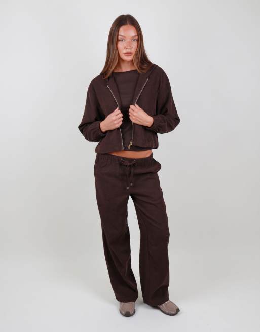 Simmi London Suede zip bomber hoodie in brown, 3 of 4