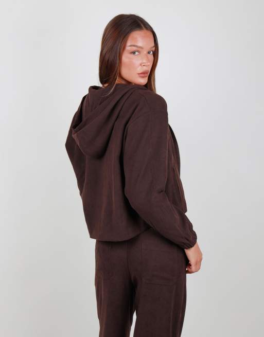 Simmi London Suede zip bomber hoodie in brown, 4 of 4