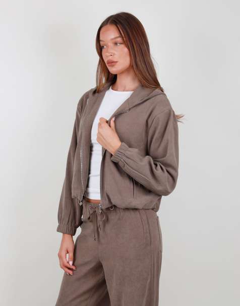 Simmi London Suede zip bomber hoodie in mocha - view 1