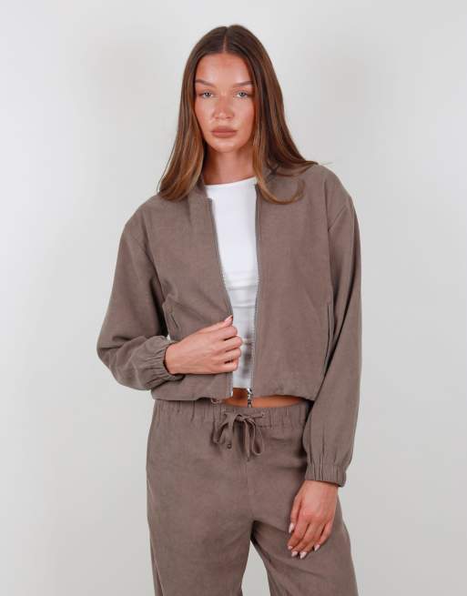 Simmi London Suede zip bomber hoodie in mocha, 2 of 5