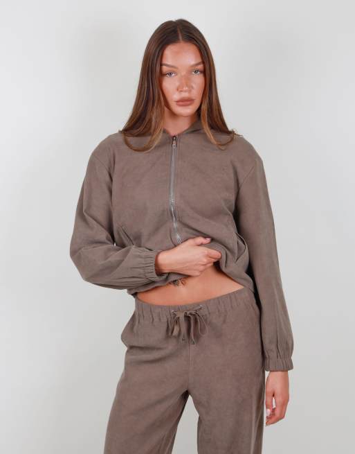Simmi London Suede zip bomber hoodie in mocha, 3 of 5