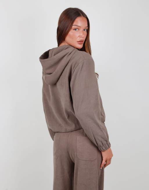 Simmi London Suede zip bomber hoodie in mocha, 5 of 5