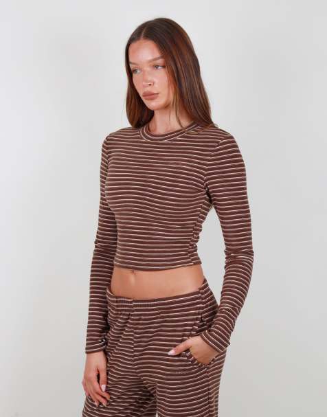 Simmi London Super soft stripe long sleeve t-shirt in brown - view 1