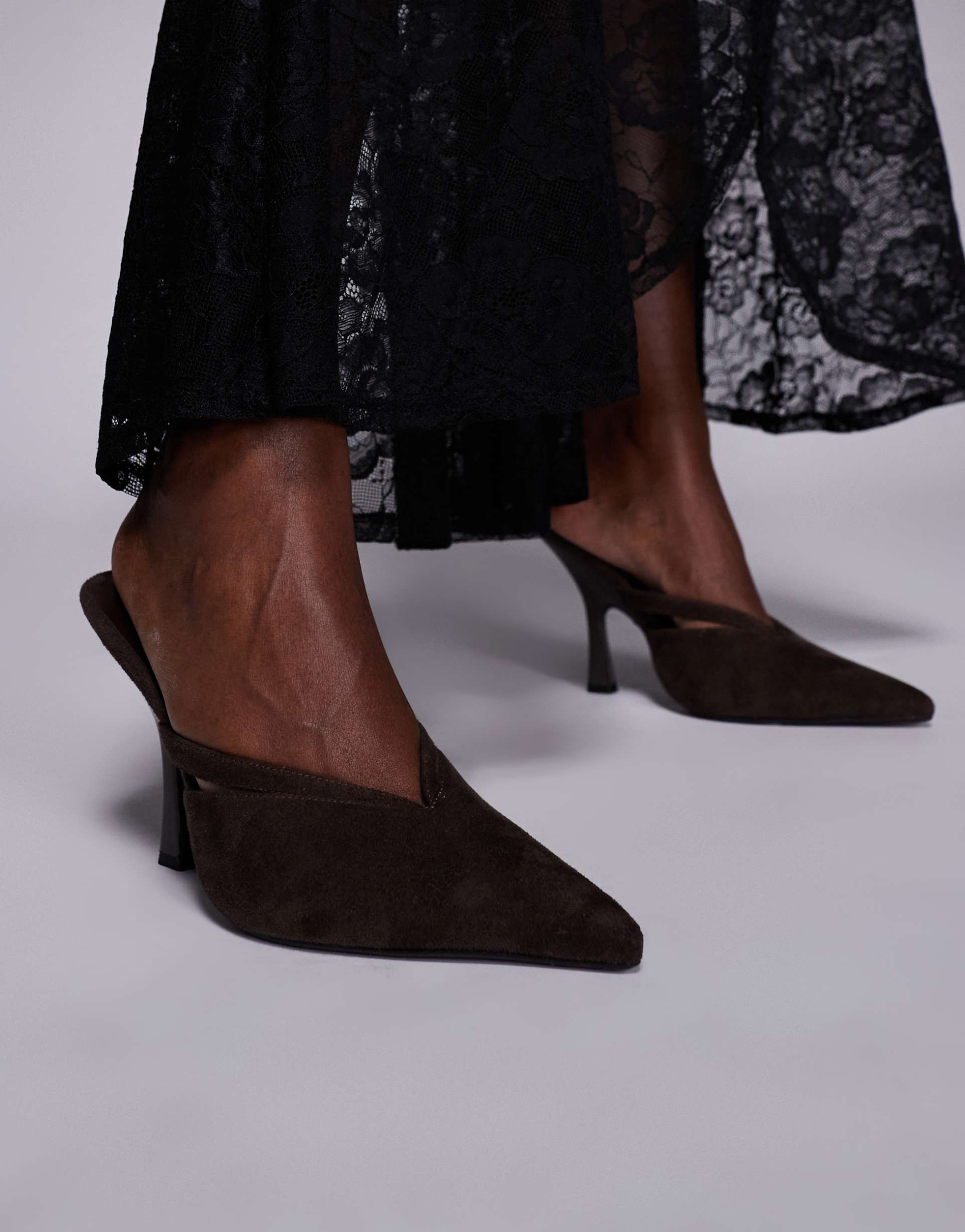 simmi london syrio heeled mules in brown suedette
