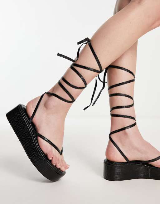 Simmi London talia lace up toe thong flatform sandals in black ASOS