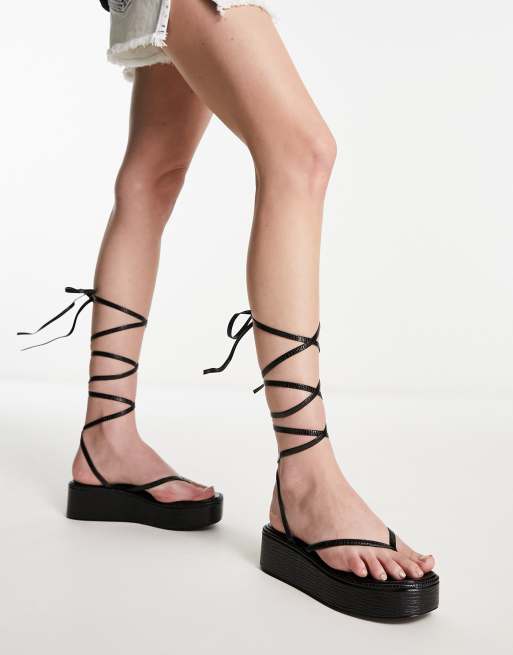 Faux Leather Toe Thong Tie Platform Sandals