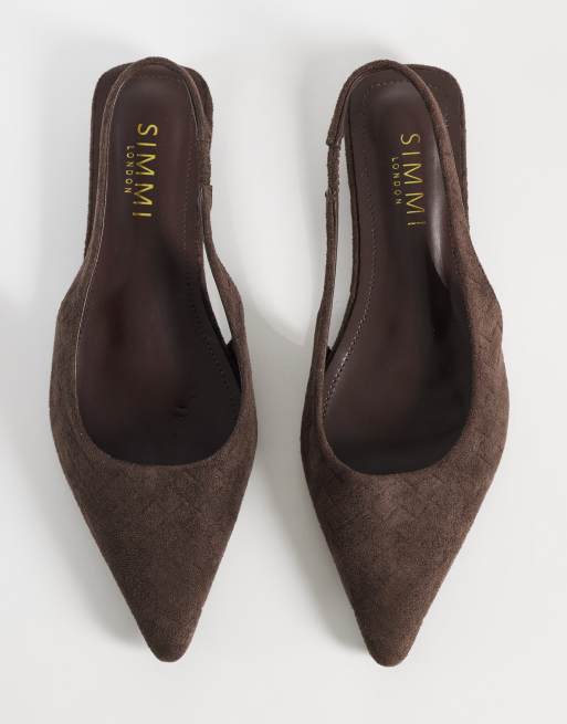 Simmi London Teri Wide Fit slingback pointed flat shoes in embossed chocolate, 2 of 4