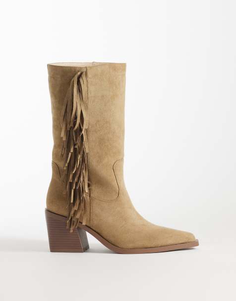 SIMMI London - Tevy - Beige western-knæstøvler med frynser i imiteret ruskind - view 1