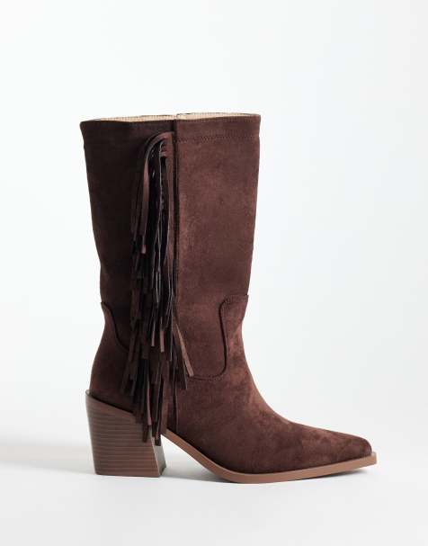 Simmi London Tevy western mid ankle boots with fringes in brown faux suede - view 1
