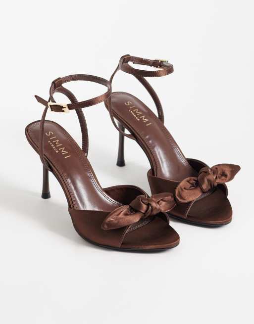 Simmi London Tiarra heeled sandals with bow in chocolate satin, 2 of 4