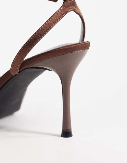 Simmi London Tiarra heeled sandals with bow in chocolate satin, 3 of 4