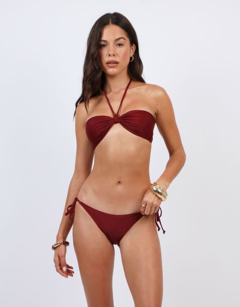 Simmi London Tie side bikini bottoms with bead detail in burgundy - view 1