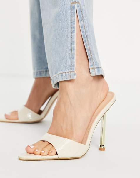 Simmi London Torez pointed mules with gold heel in ivory croc - view 1