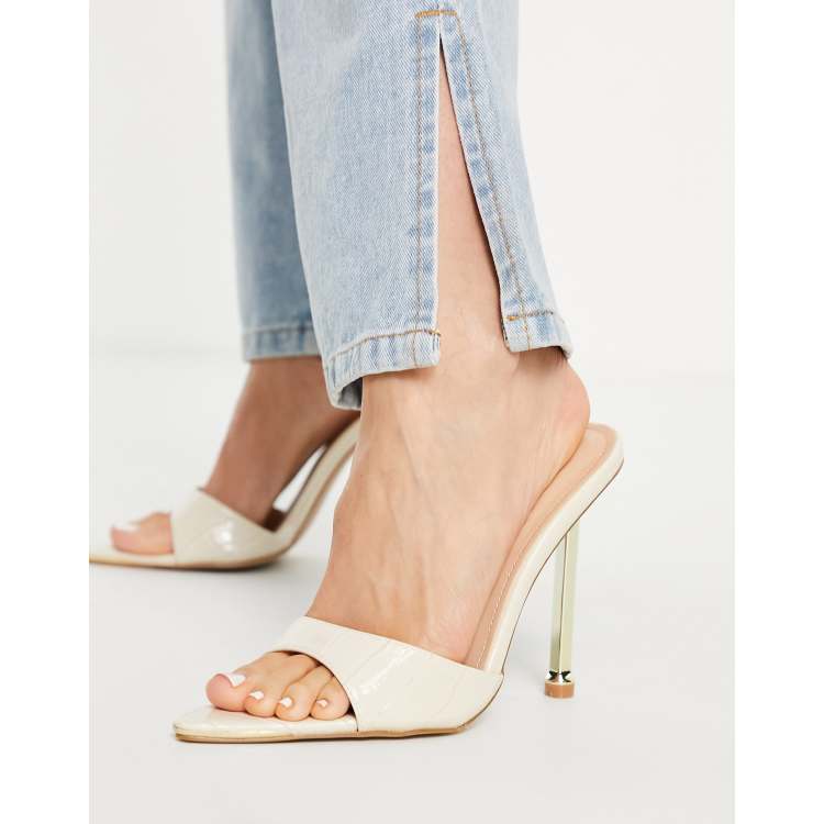 【Nine West】Jeweled Square-Toe Mules Nine West Silver Heels Mules Metallic Square Toe Kitten Heel