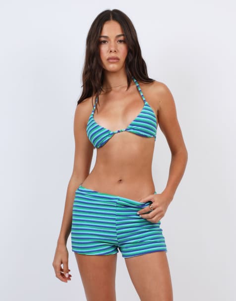 Simmi London Towelling stripe bikini & short set in blue - view 1