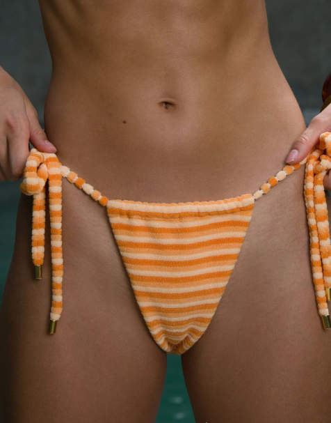 Simmi London Towelling stripe tie side bikini bottoms in orange