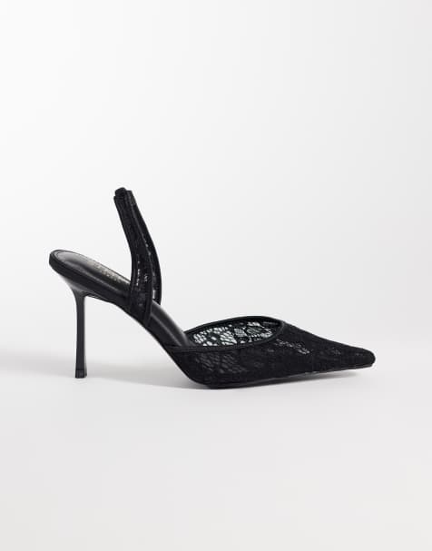 Simmi London Ursula slingback heeled court shoe in black lace - view 1