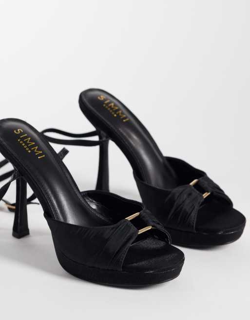 Simmi London Vandy platform heeled sandal with gold embellishment in black satin, 2 of 4