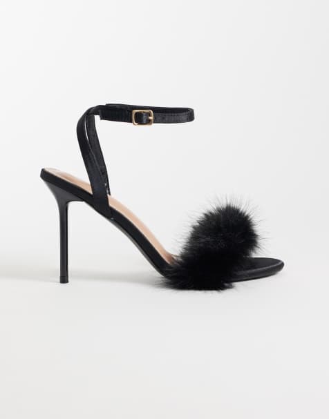 Simmi London Vermont fluffy heeled sandal in black satin - view 1
