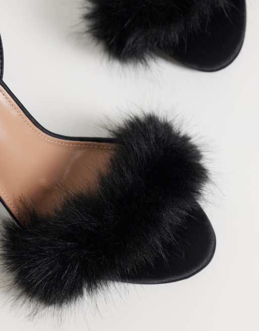 Simmi London Vermont fluffy heeled sandal in black satin, 2 of 4