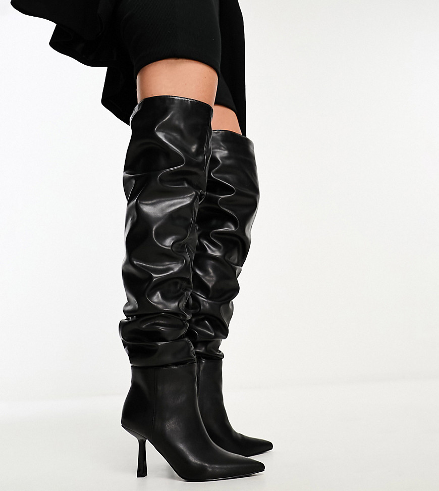 Simmi London Wide Fit Adonis ruched over the knee heeled boots in black