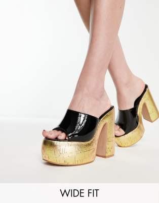 Simmi London Wide Fit Aletta platform cork mules in black patent  - ASOS Price Checker