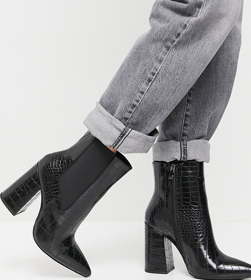 Simmi London Wide Fit block heel ankle boots in black croc