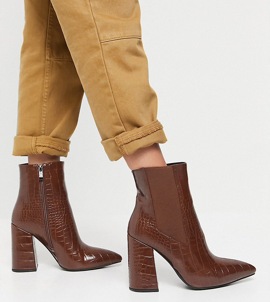 Simmi London Wide Fit block heeled ankle boots in tan croc-Brown