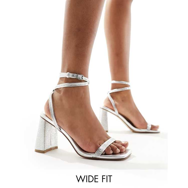 Simmi London Wide Fit Bolt block heeled sandal in embellished silver