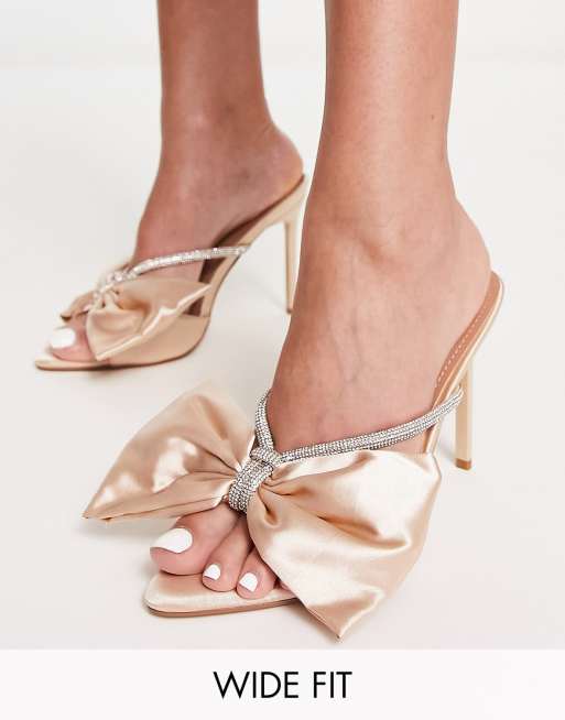 Simmi London Wide Fit Bridal Ezlili Heeled Sandals With Bow In Champagne Satin Asos 6092