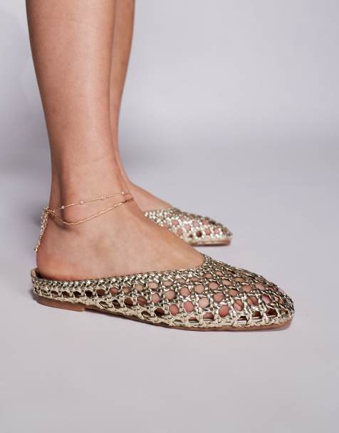 Simmi London Wide Fit Cassius woven flat mules in gold metallic PU - view 1