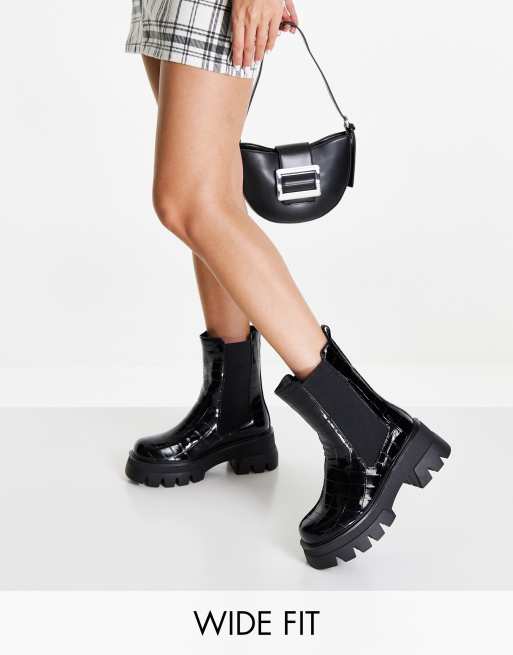 Simmi London Wide Fit chunky boot in black patent croc
