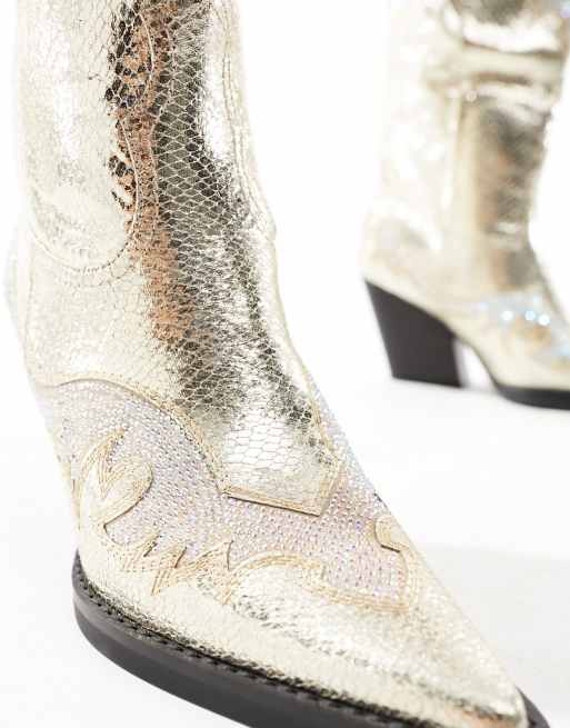 Simmi London Wide Fit Dakoa metallic western boot in gold, 4 of 4
