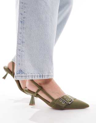 Simmi Wide Fit Simmi London Wide Fit Dala Pointed Kitten Heel Sling Backs With Grommet Buckle Detail In Khaki-green