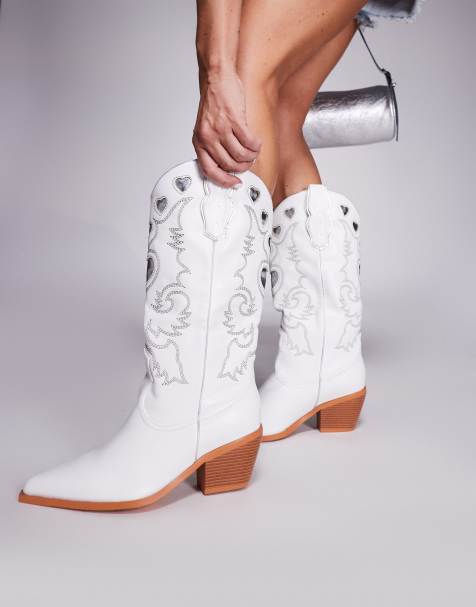 Simmi London Wide Fit - Declan - Stivali stile cowboy bianchi con ricamo argento a pianta larga - view 1