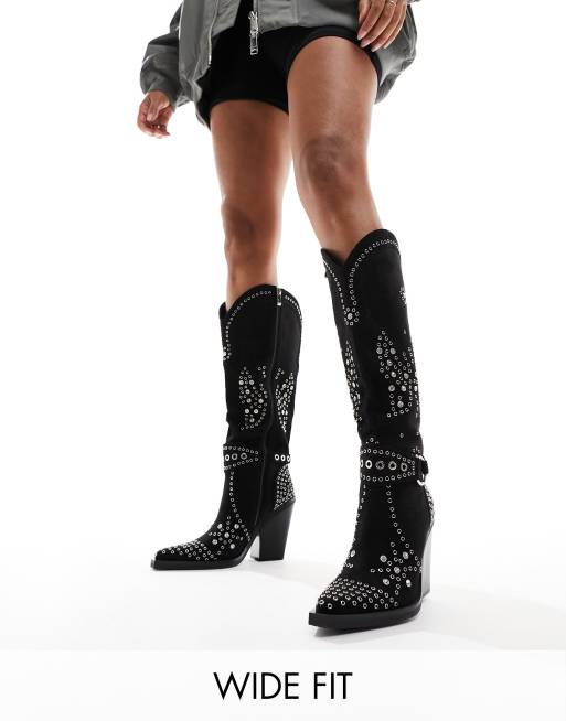 SIMMI London – Wide Fit – Delano – Westernstiefel in Mikro-Schwarz mit Schmetterlingverzierung, weite Passform