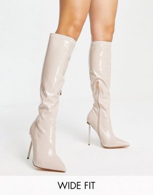 Simmi London Wide Fit Demi knee boots with diamante stiletto heel in beige patent