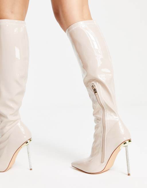 White Wide Fit Croc High Stiletto Heel Knee Boots