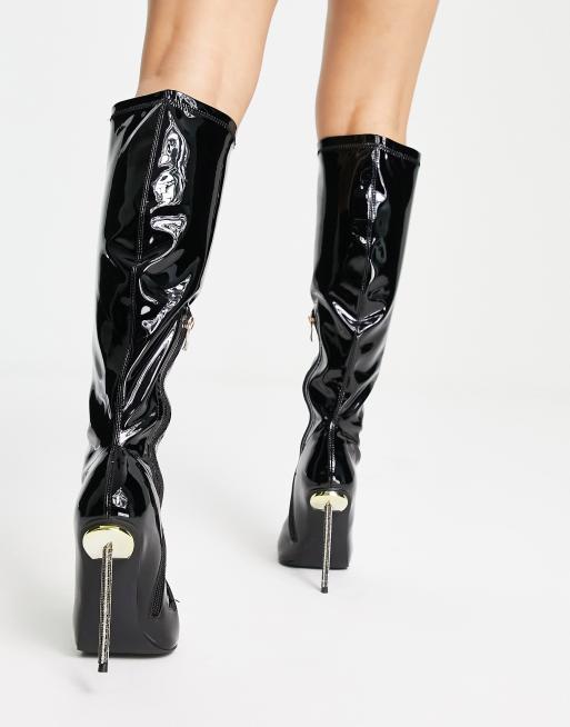 Simmi London Wide Fit Demi knee boots with diamante stiletto heel in black  patent