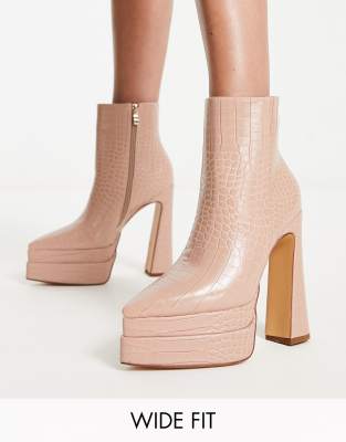 Simmi London Wide Fit double platform boots in beige croc-Neutral