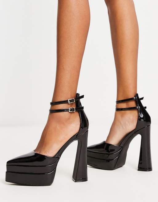 Simmi London Double Platform Stiletto Heels with Pointed Toe in Black Patent