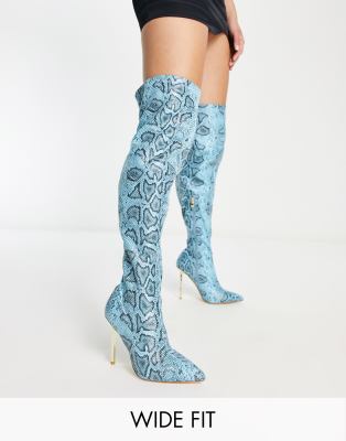 Simmi London Wide Fit Duke stiletto heel over the knee boots in blue snake print 