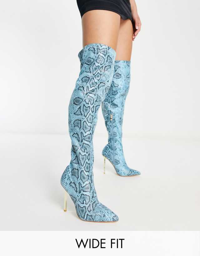 Simmi London Wide Fit Duke stiletto heel over the knee boots in blue snake print