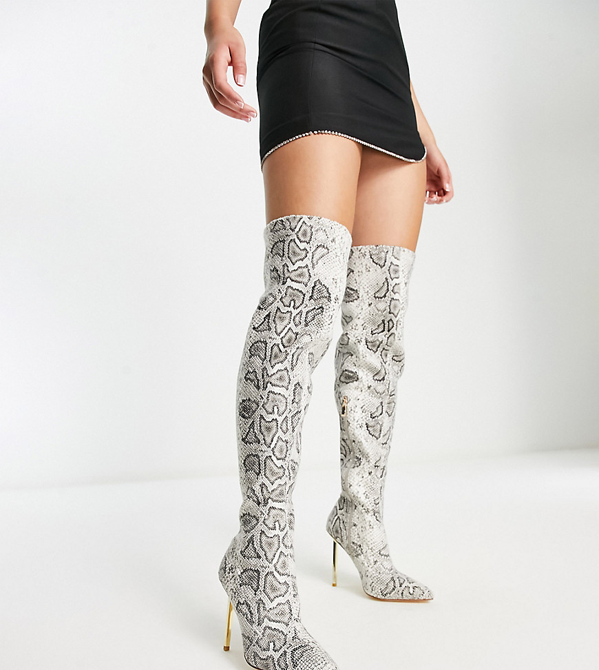 Simmi London Wide Fit Duke stiletto heel over the knee boots in off white snake print-Multi