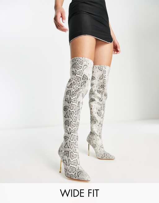 Simmi London Wide Fit Duke stiletto heel over the knee boots in off white  snake print