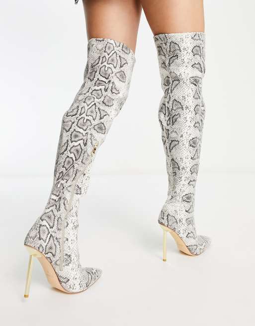 Simmi London Wide Fit Duke stiletto heel over the knee boots in off white  snake print