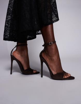 Simmi London Wide Fit Eavie heeled sandals in chocolate suedette